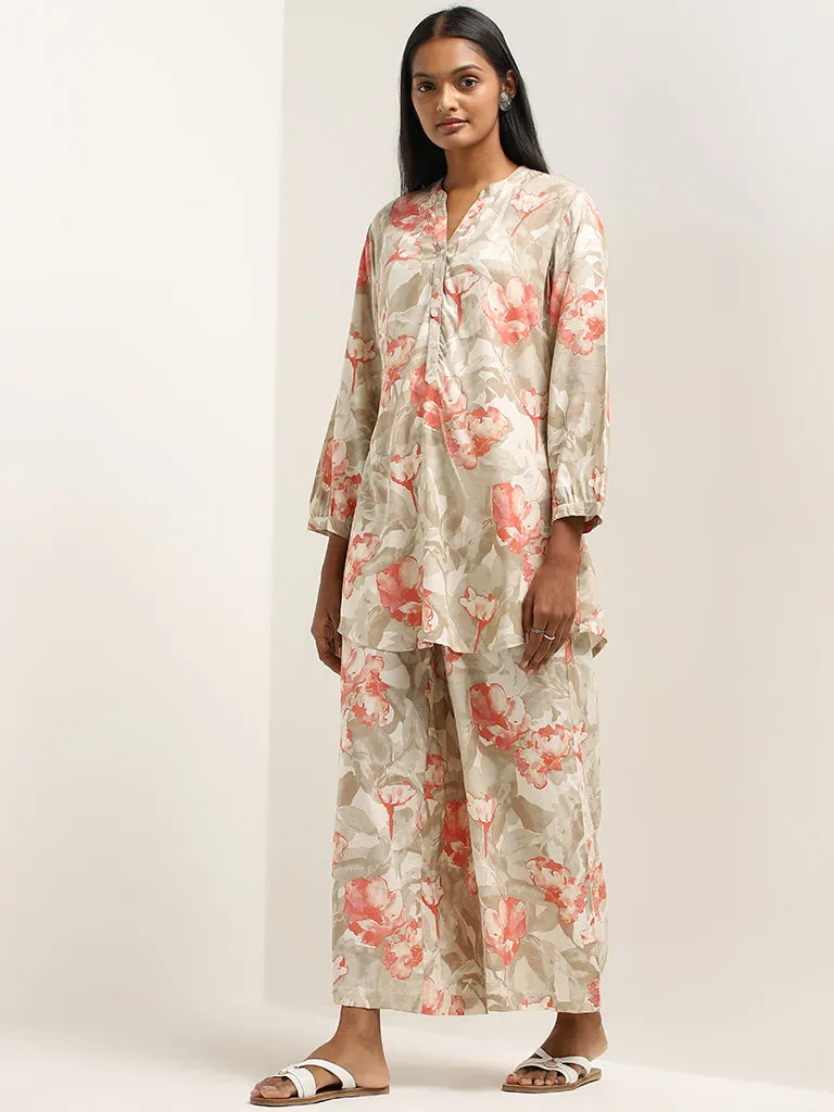 Utsa Taupe Floral Pattern Mid-Rise Palazzos