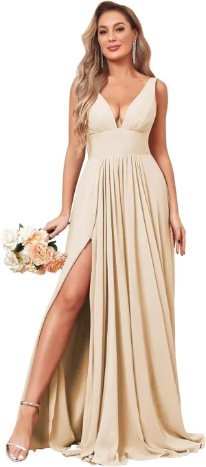 V Neck Long Bridesmaid Dresses for Wedding A Line Pleated Chiffon Formal Evening Dresses with Slit