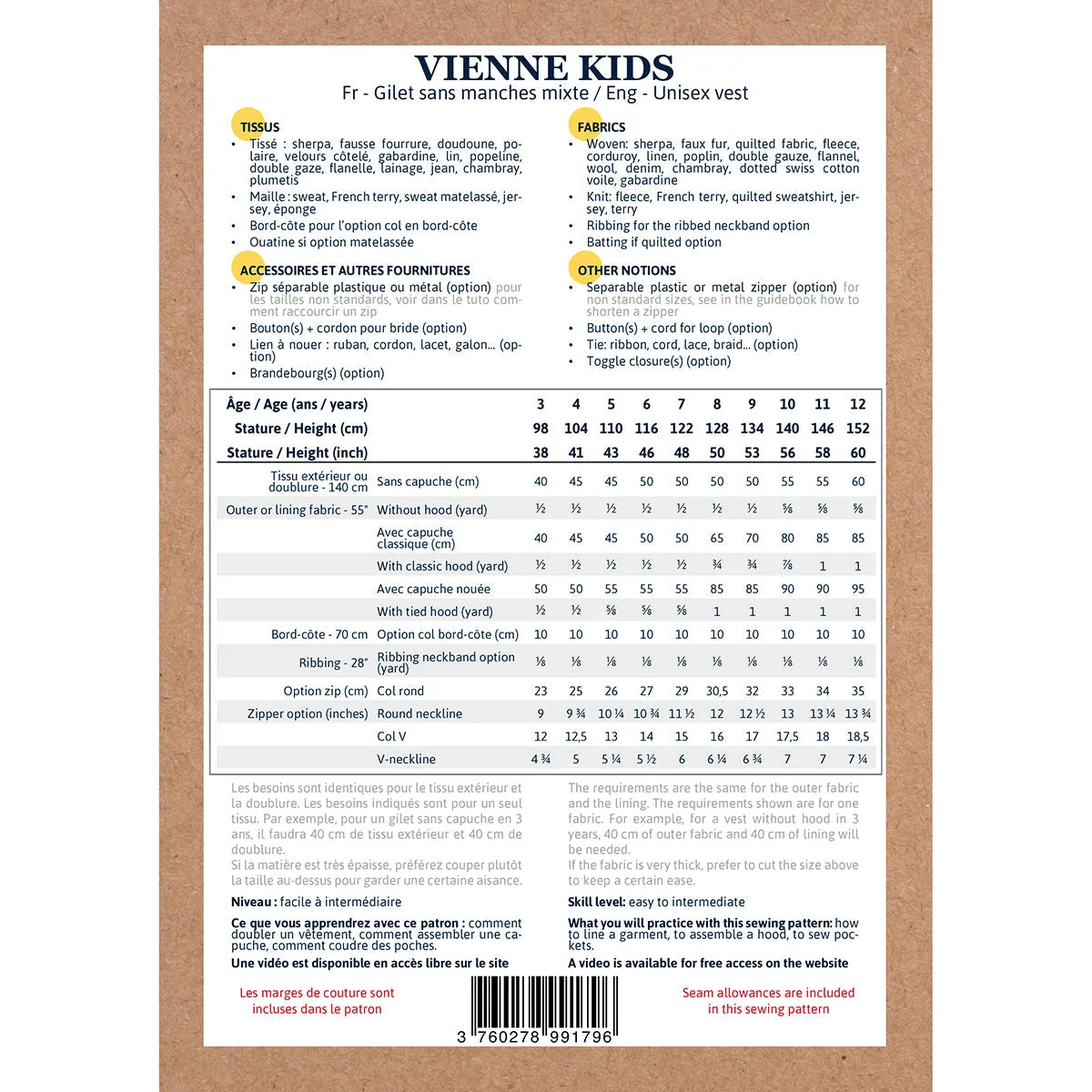 VIENNE KIDS Vest - 3/12y - PDF Sewing Pattern