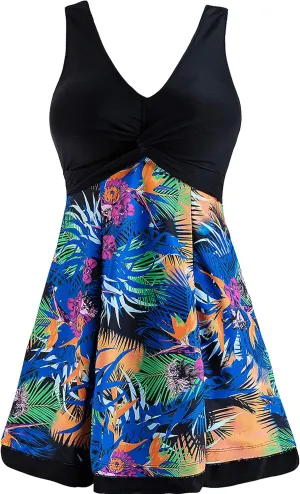 Wantdo Women's Plus Size Swim Dress Modest Swimsuit Vintage Peacock One Piece Swimwear