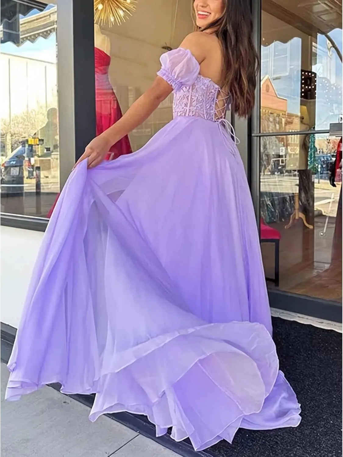 WIOJEIGO Lace Chiffon Prom Dresses for Women 2023 Long A-Line Off Shoulder Sweetheart Formal Evening Dress