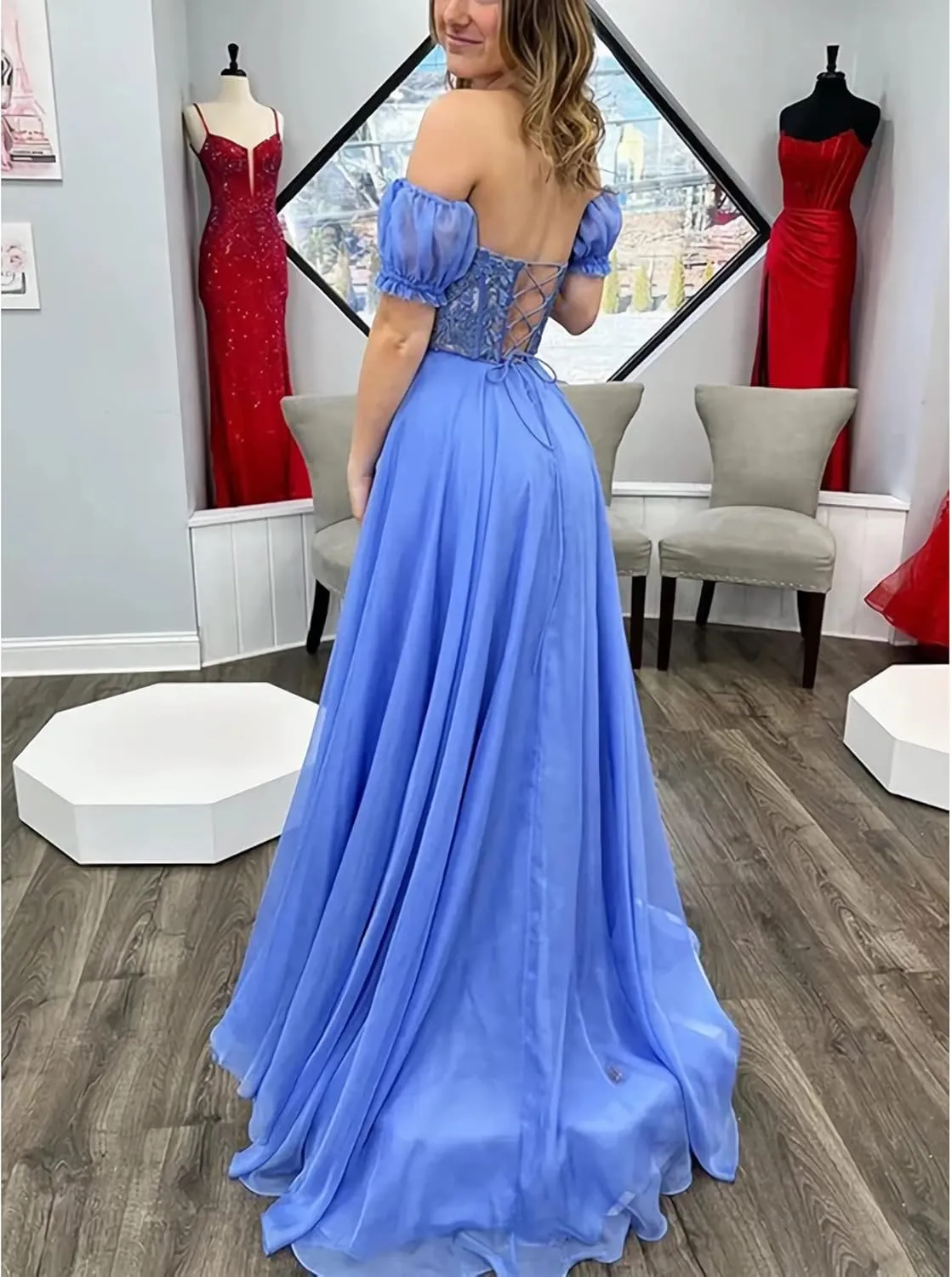 WIOJEIGO Lace Chiffon Prom Dresses for Women 2023 Long A-Line Off Shoulder Sweetheart Formal Evening Dress