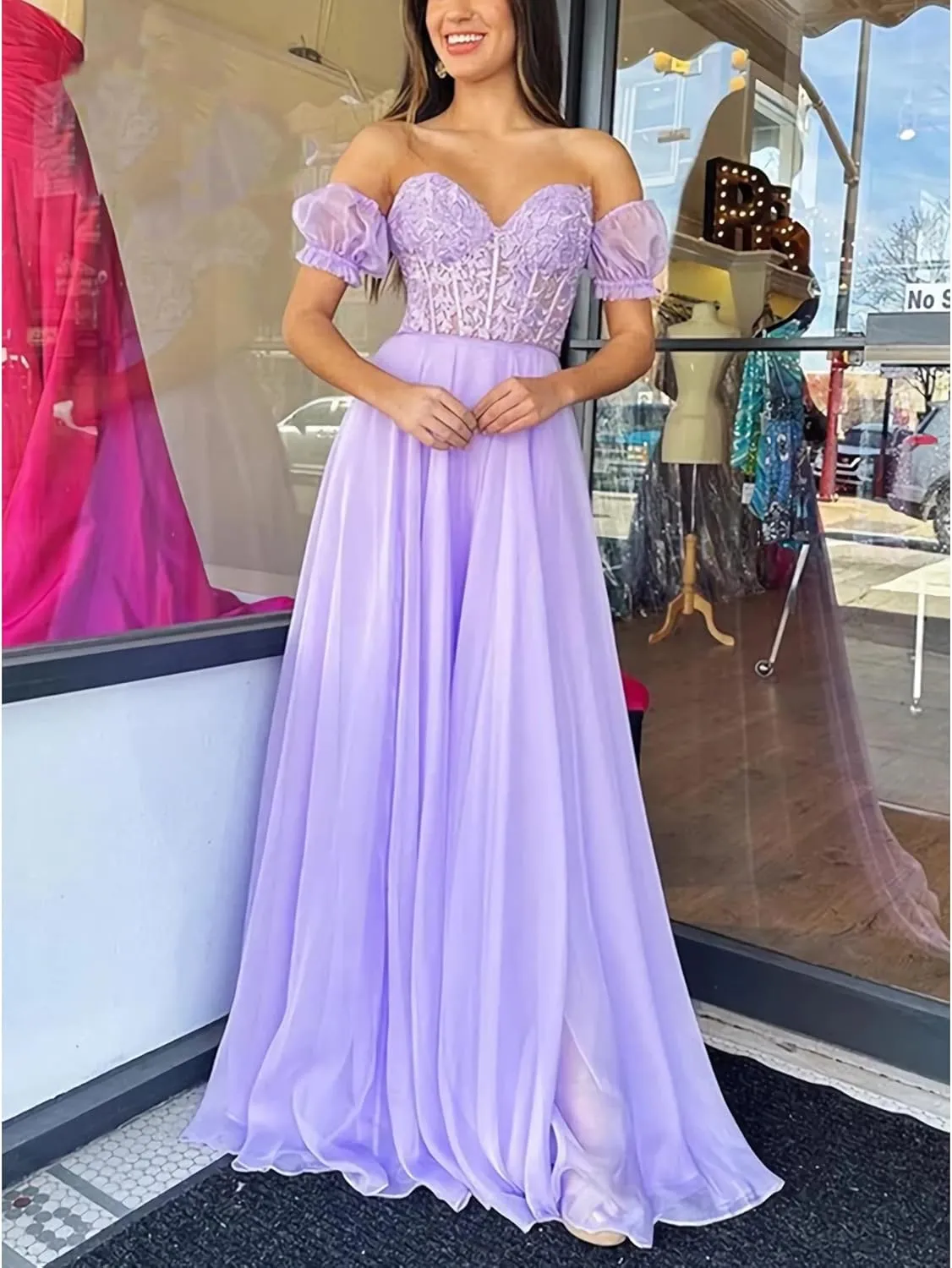 WIOJEIGO Lace Chiffon Prom Dresses for Women 2023 Long A-Line Off Shoulder Sweetheart Formal Evening Dress