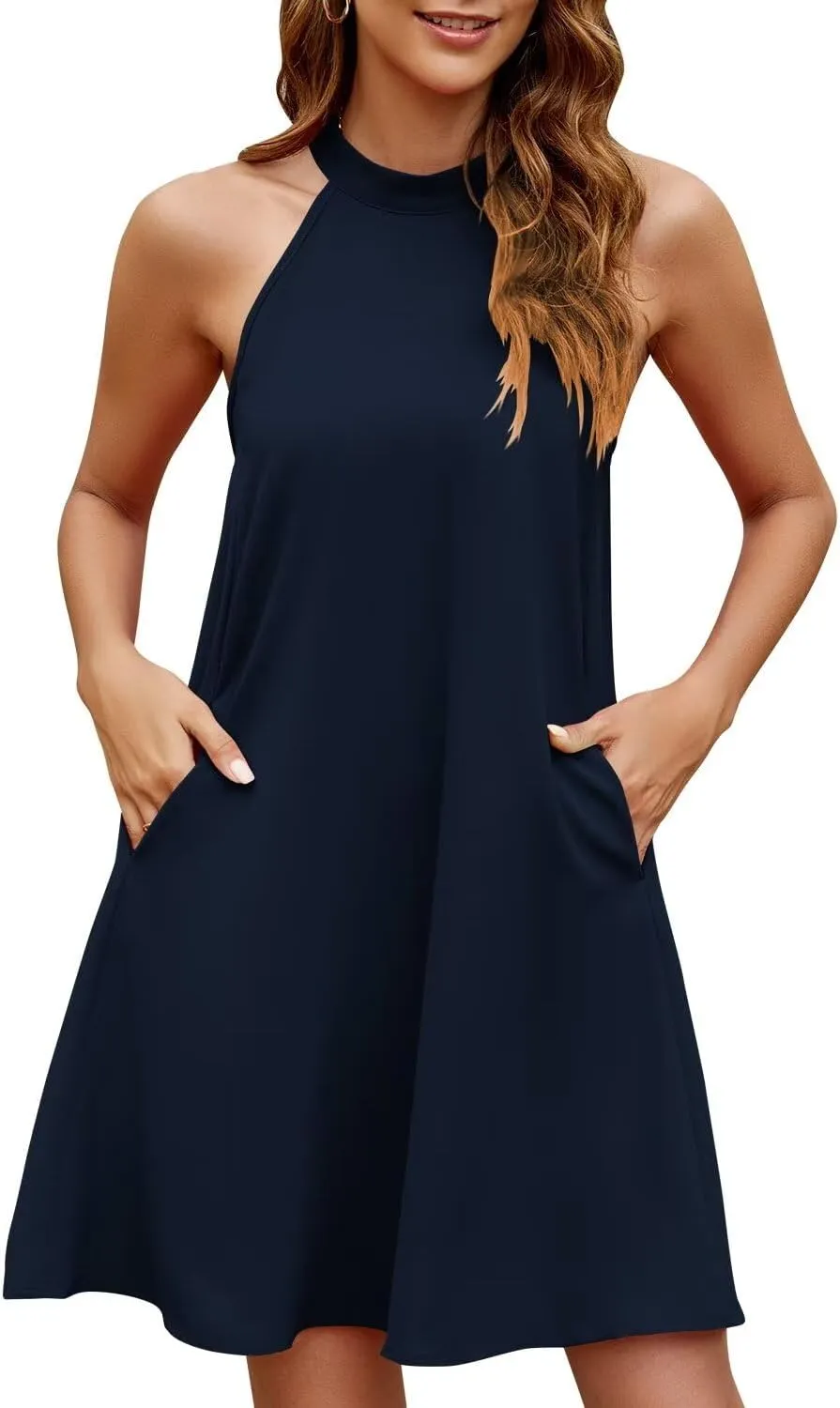 Wkior Women's Summer Halter Sleeveless Dresses Loose A-Line Swing Sundress Beach Vacation Mini Dress with Pockets(S-2XL)