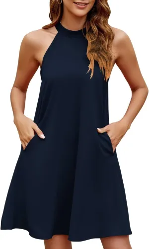 Wkior Women's Summer Halter Sleeveless Dresses Loose A-Line Swing Sundress Beach Vacation Mini Dress with Pockets(S-2XL)
