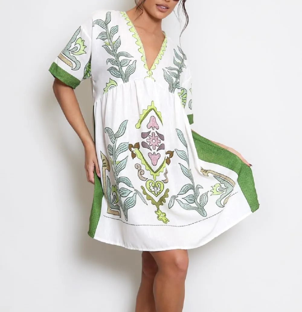 Women Bohemian Floral Mini Dress V Neck Flare Sleeve Sundress Loose Fit Flowy Beach Dress Summer Holiday Dress