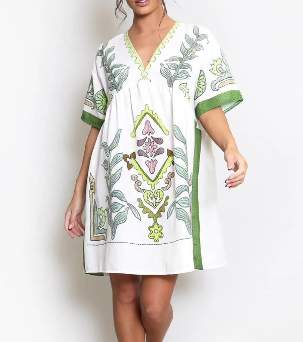 Women Bohemian Floral Mini Dress V Neck Flare Sleeve Sundress Loose Fit Flowy Beach Dress Summer Holiday Dress