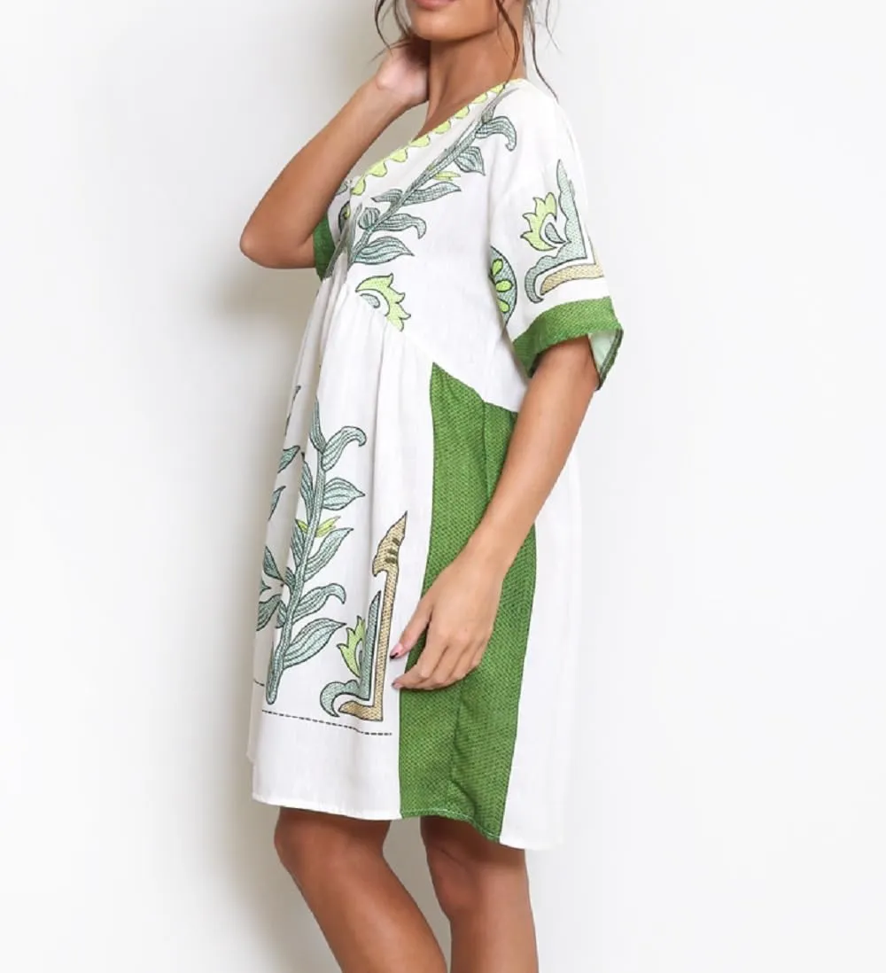 Women Bohemian Floral Mini Dress V Neck Flare Sleeve Sundress Loose Fit Flowy Beach Dress Summer Holiday Dress