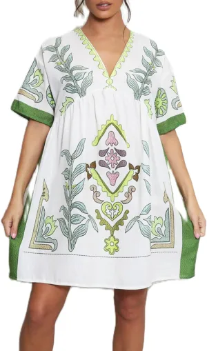Women Bohemian Floral Mini Dress V Neck Flare Sleeve Sundress Loose Fit Flowy Beach Dress Summer Holiday Dress