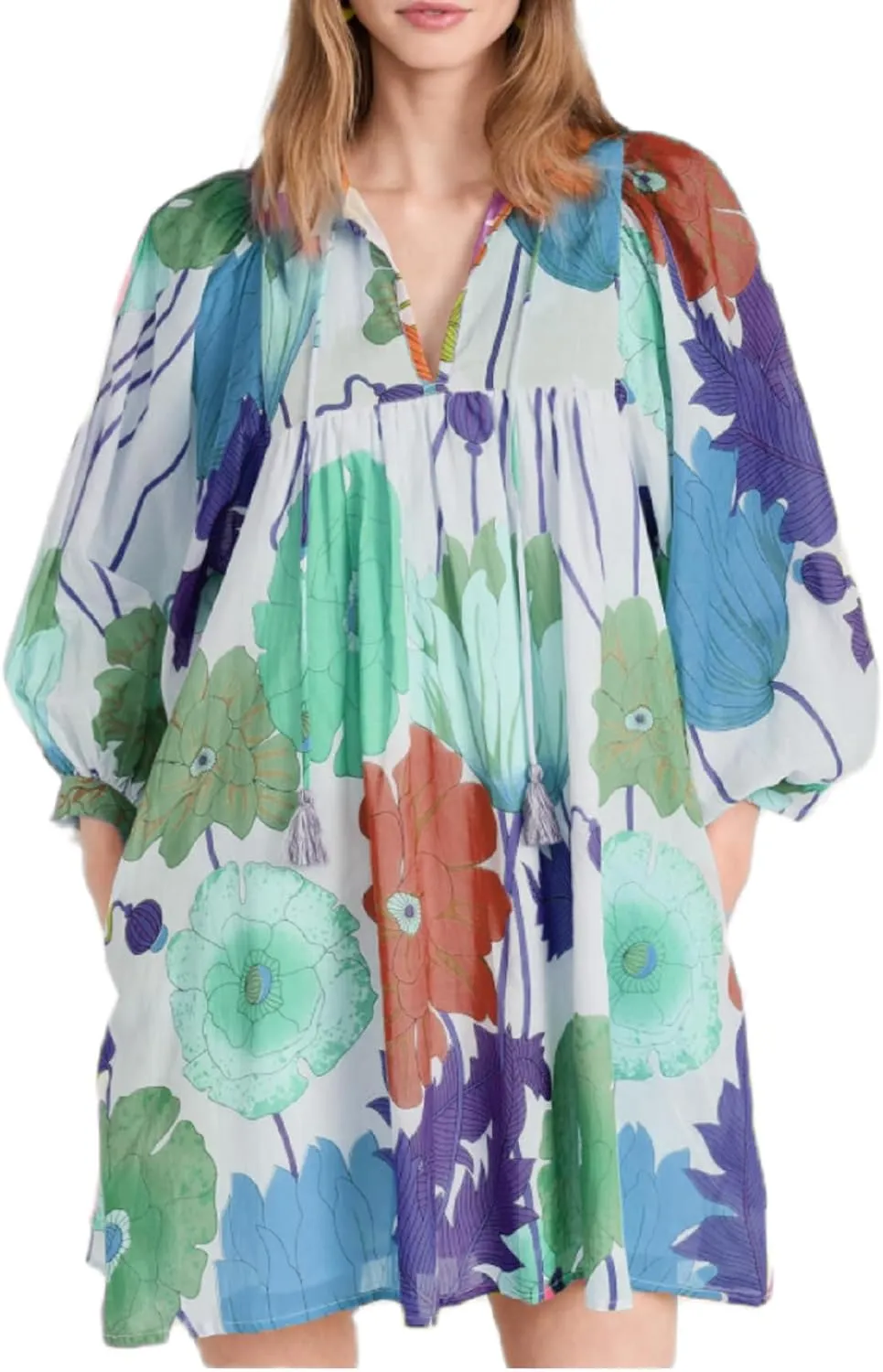 Women Bohemian Floral Short Dress Puff Sleeve Flowy Babydoll Dress Boho Loose Fit Shirt Dress Summer Mini Sundress
