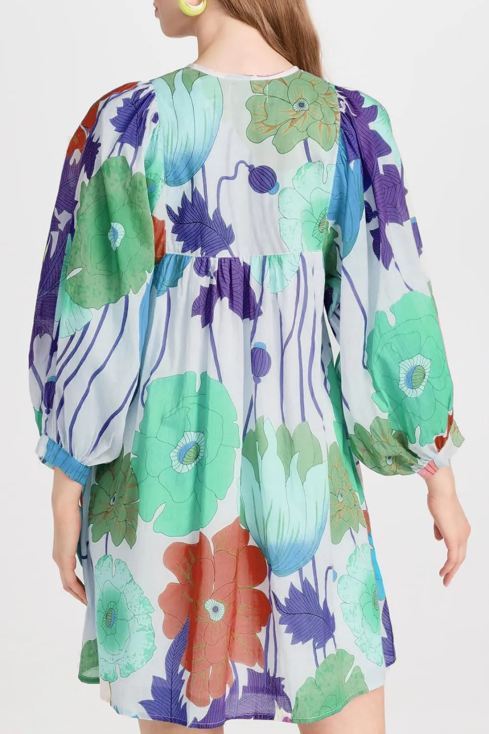 Women Bohemian Floral Short Dress Puff Sleeve Flowy Babydoll Dress Boho Loose Fit Shirt Dress Summer Mini Sundress