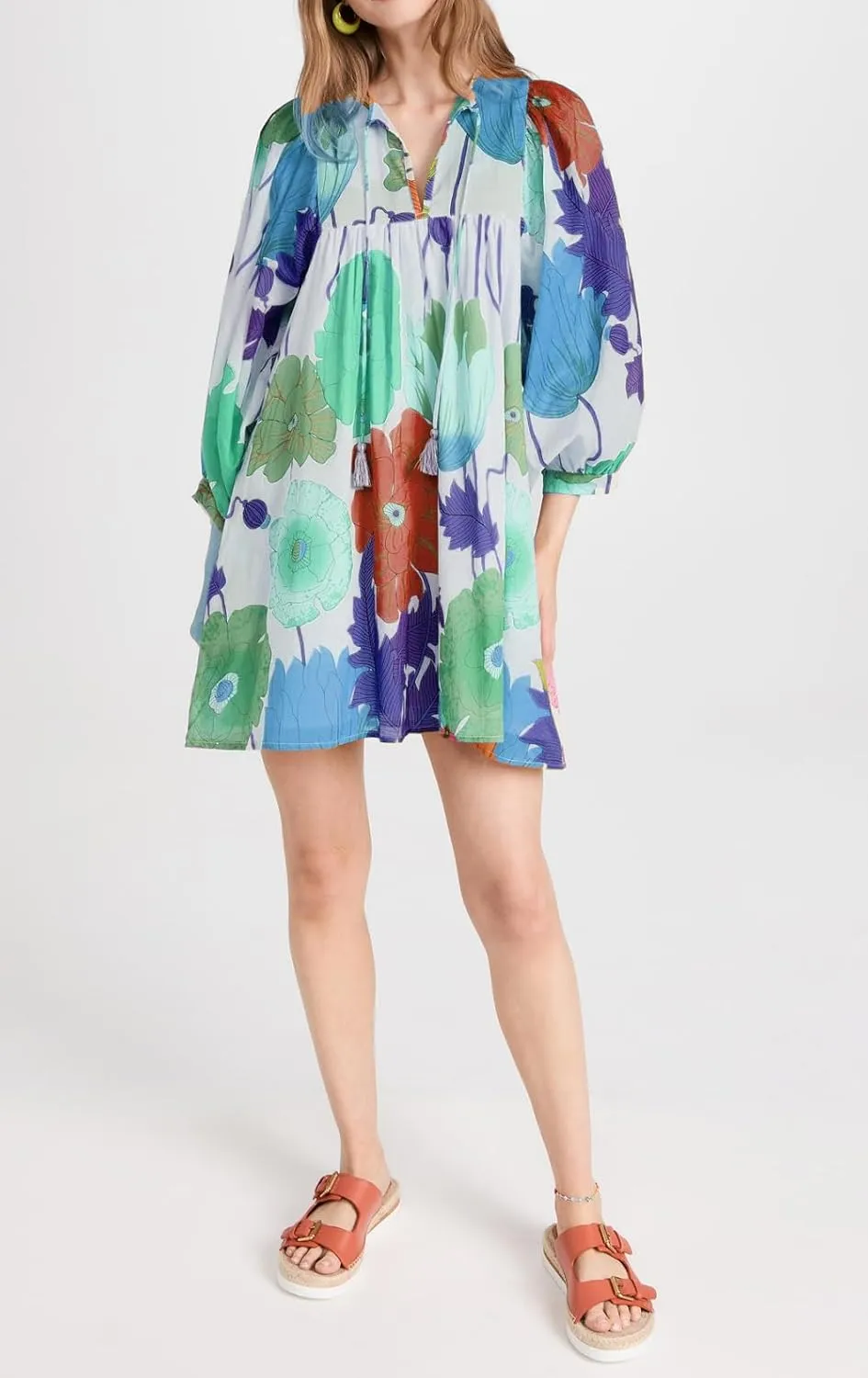 Women Bohemian Floral Short Dress Puff Sleeve Flowy Babydoll Dress Boho Loose Fit Shirt Dress Summer Mini Sundress
