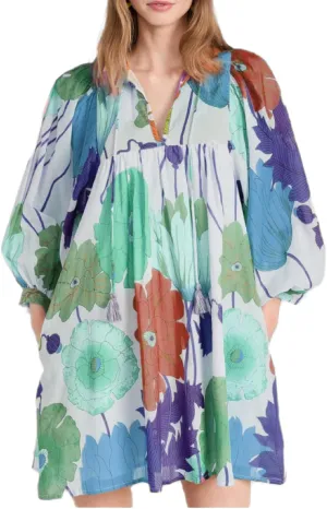 Women Bohemian Floral Short Dress Puff Sleeve Flowy Babydoll Dress Boho Loose Fit Shirt Dress Summer Mini Sundress