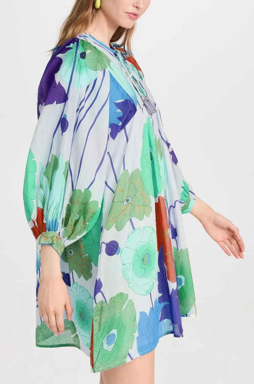 Women Bohemian Floral Short Dress Puff Sleeve Flowy Babydoll Dress Boho Loose Fit Shirt Dress Summer Mini Sundress