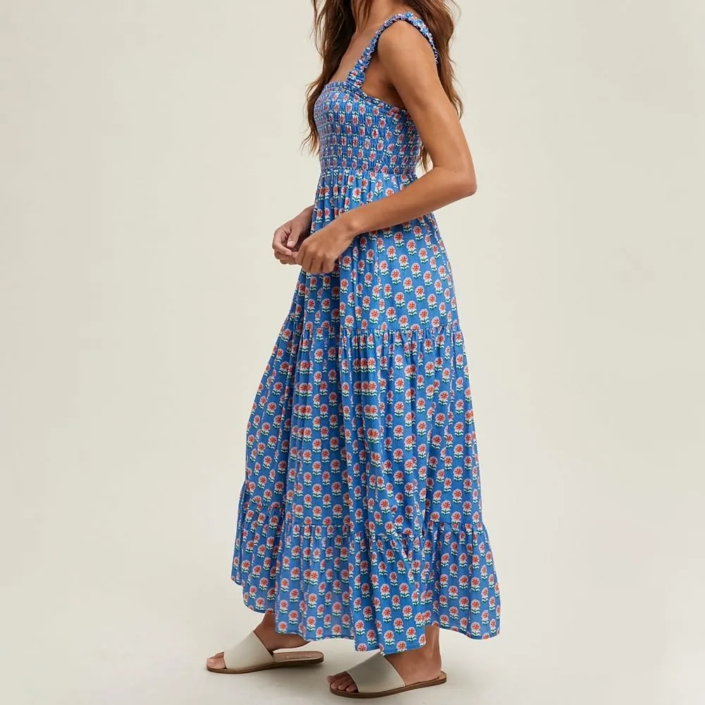 Women Bohemian Graphic Maxi Dress Spaghetti Strap Flowy Cami Dress Floral Tiered Sundress Y2K Summer Beach Dresses