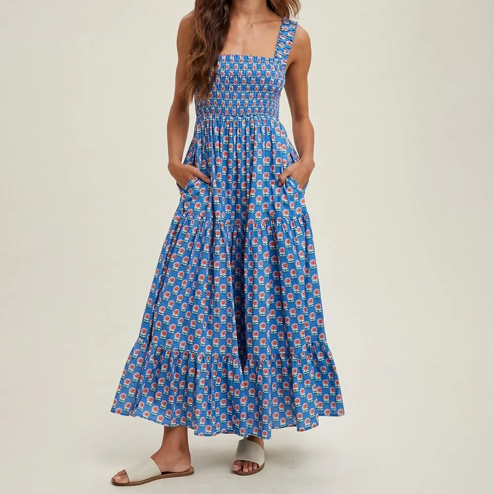 Women Bohemian Graphic Maxi Dress Spaghetti Strap Flowy Cami Dress Floral Tiered Sundress Y2K Summer Beach Dresses