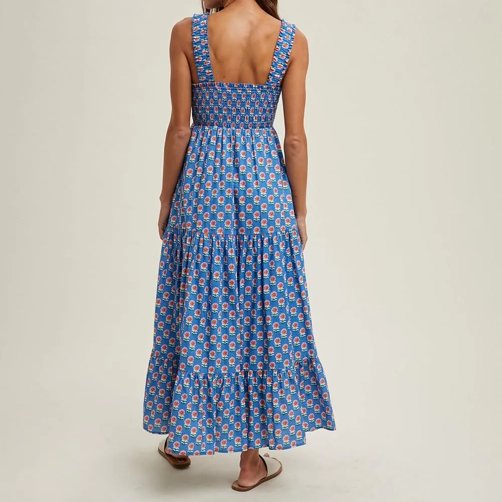 Women Bohemian Graphic Maxi Dress Spaghetti Strap Flowy Cami Dress Floral Tiered Sundress Y2K Summer Beach Dresses