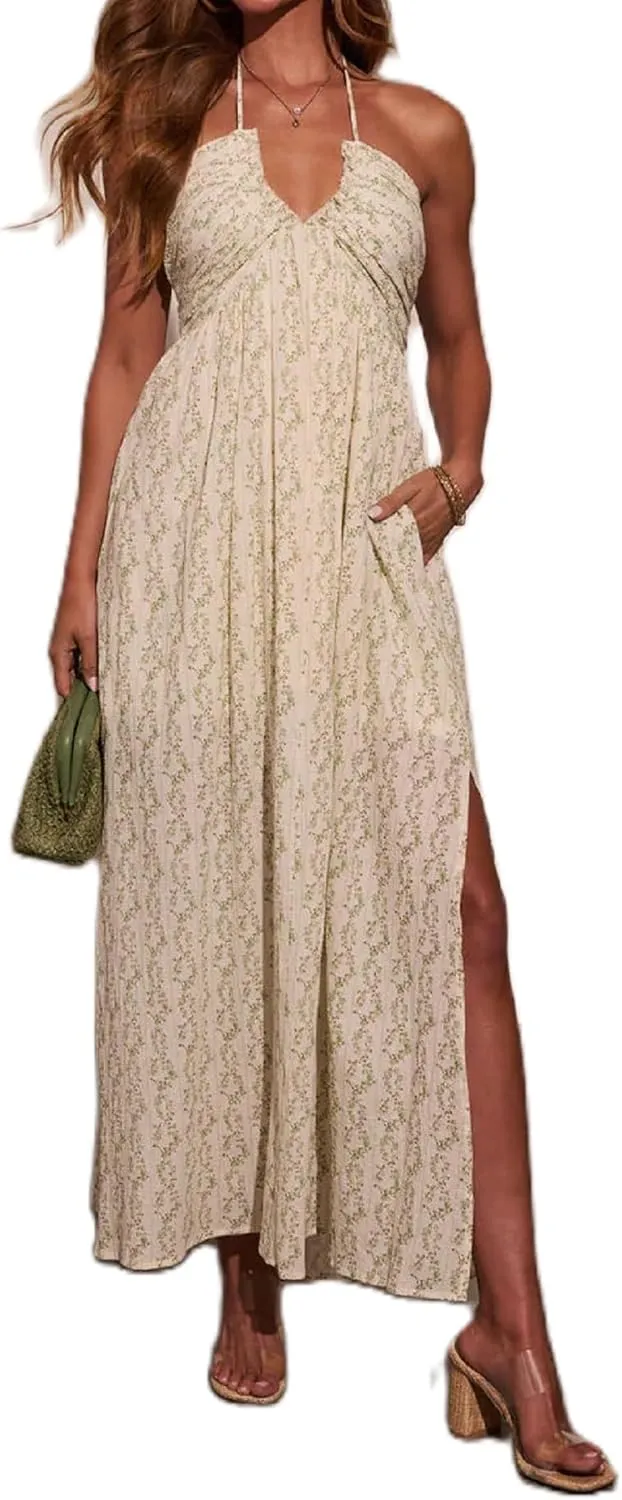 Women Boho Floral Long Cami Dress Spaghetti Strap Cut Out Maxi Dress Backless Tiered Flowy Summer Beach Dresse