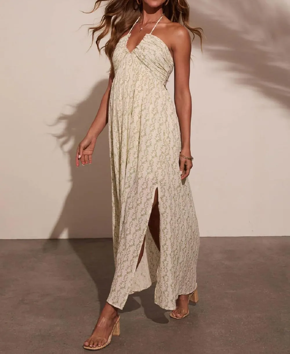 Women Boho Floral Long Cami Dress Spaghetti Strap Cut Out Maxi Dress Backless Tiered Flowy Summer Beach Dresse