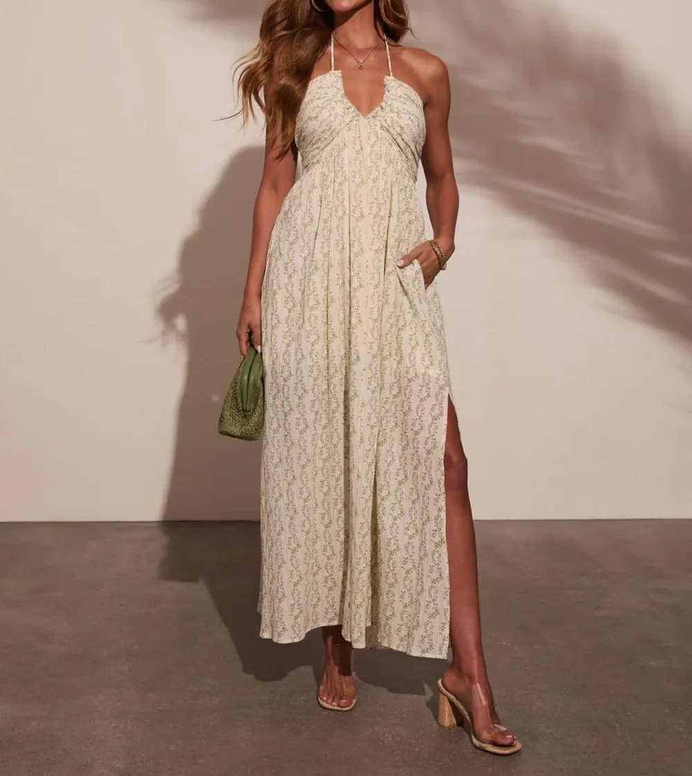 Women Boho Floral Long Cami Dress Spaghetti Strap Cut Out Maxi Dress Backless Tiered Flowy Summer Beach Dresse