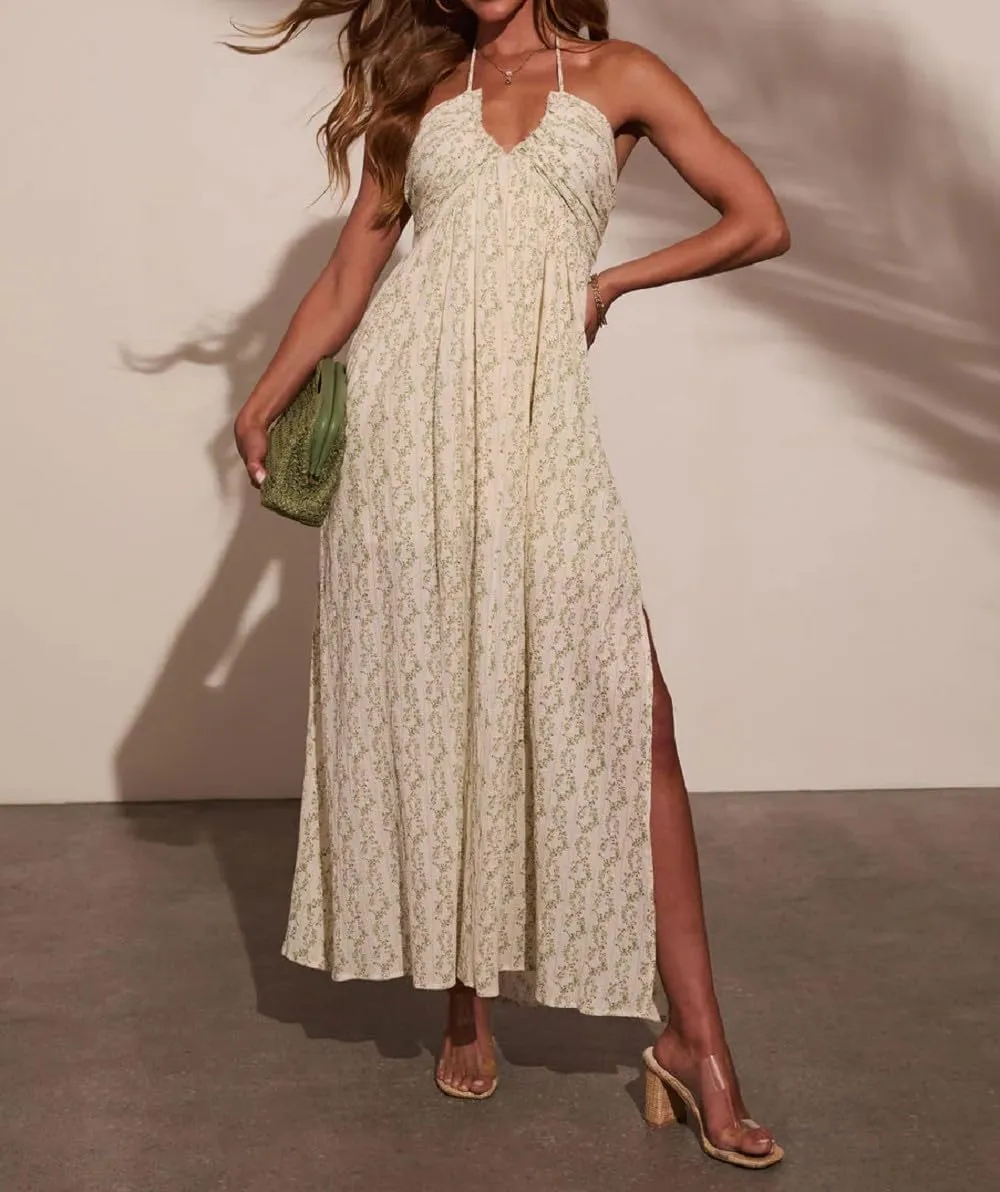 Women Boho Floral Long Cami Dress Spaghetti Strap Cut Out Maxi Dress Backless Tiered Flowy Summer Beach Dresse