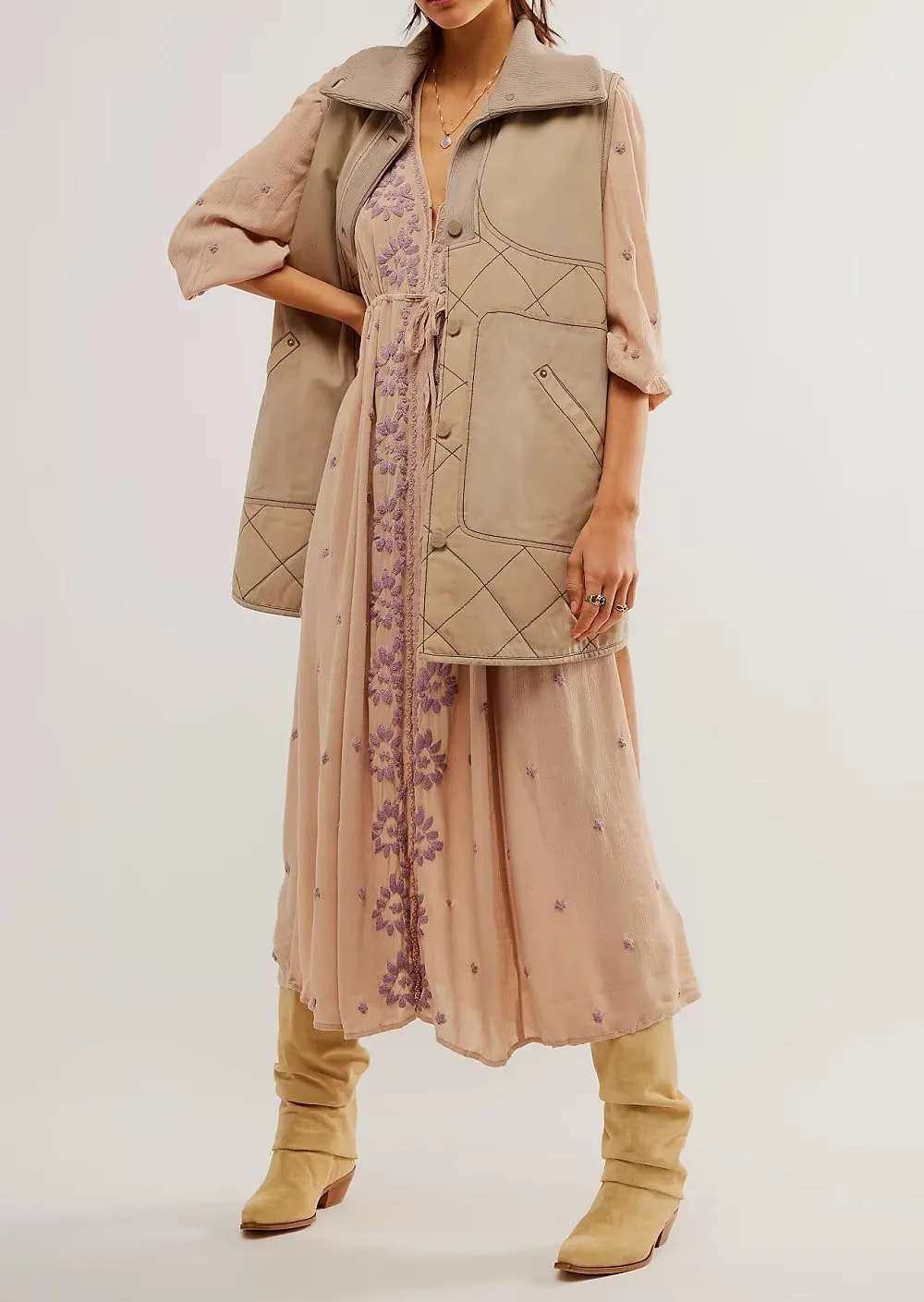 Women Boho Floral Maxi Dress Puff Sleeve V Neck Long Dress Bohemian Flowy Tiered Dress Loose Fit Shirt Dress