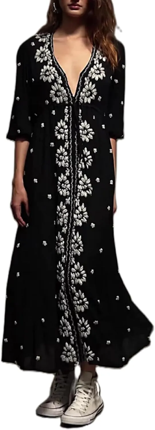 Women Boho Floral Maxi Dress Puff Sleeve V Neck Long Dress Bohemian Flowy Tiered Dress Loose Fit Shirt Dress