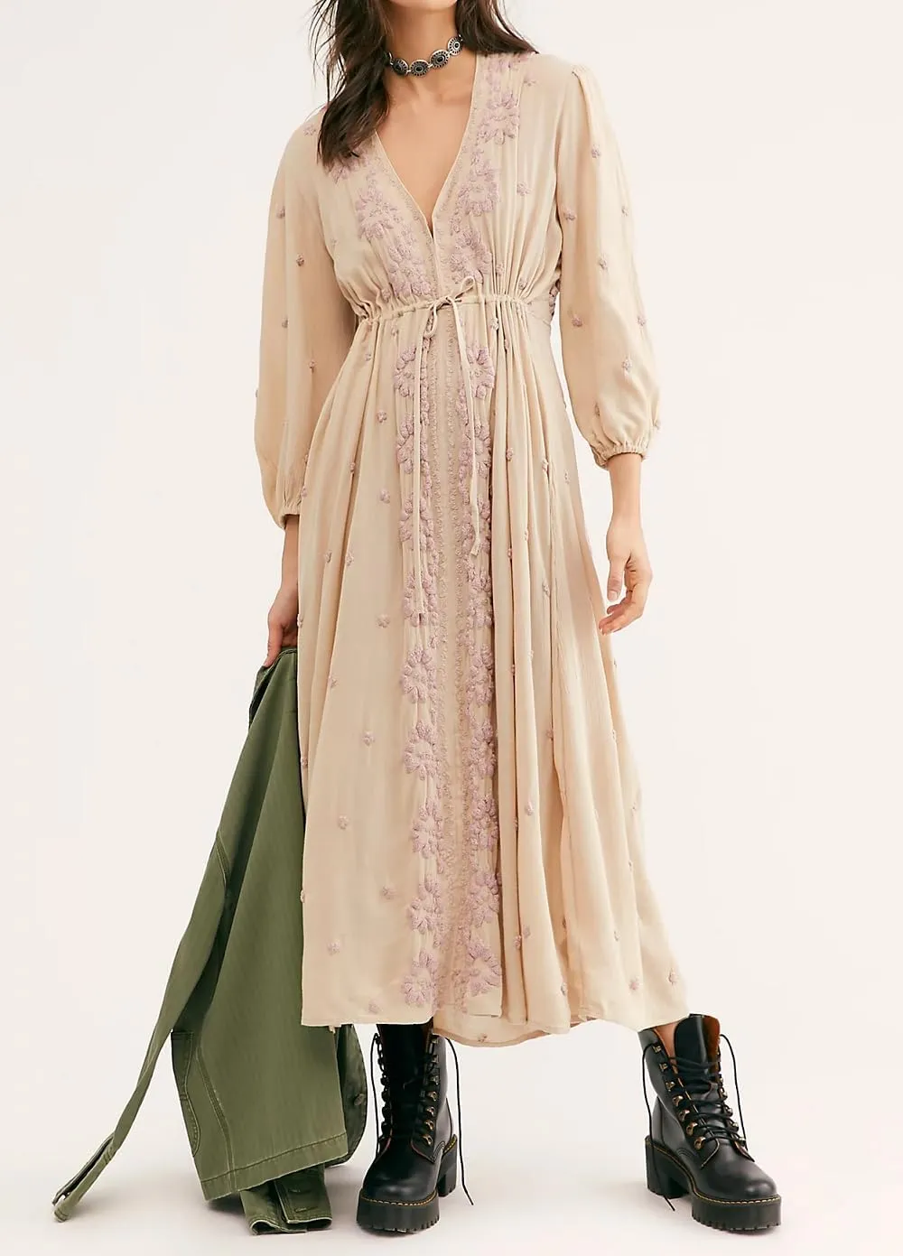 Women Boho Floral Maxi Dress Puff Sleeve V Neck Long Dress Bohemian Flowy Tiered Dress Loose Fit Shirt Dress