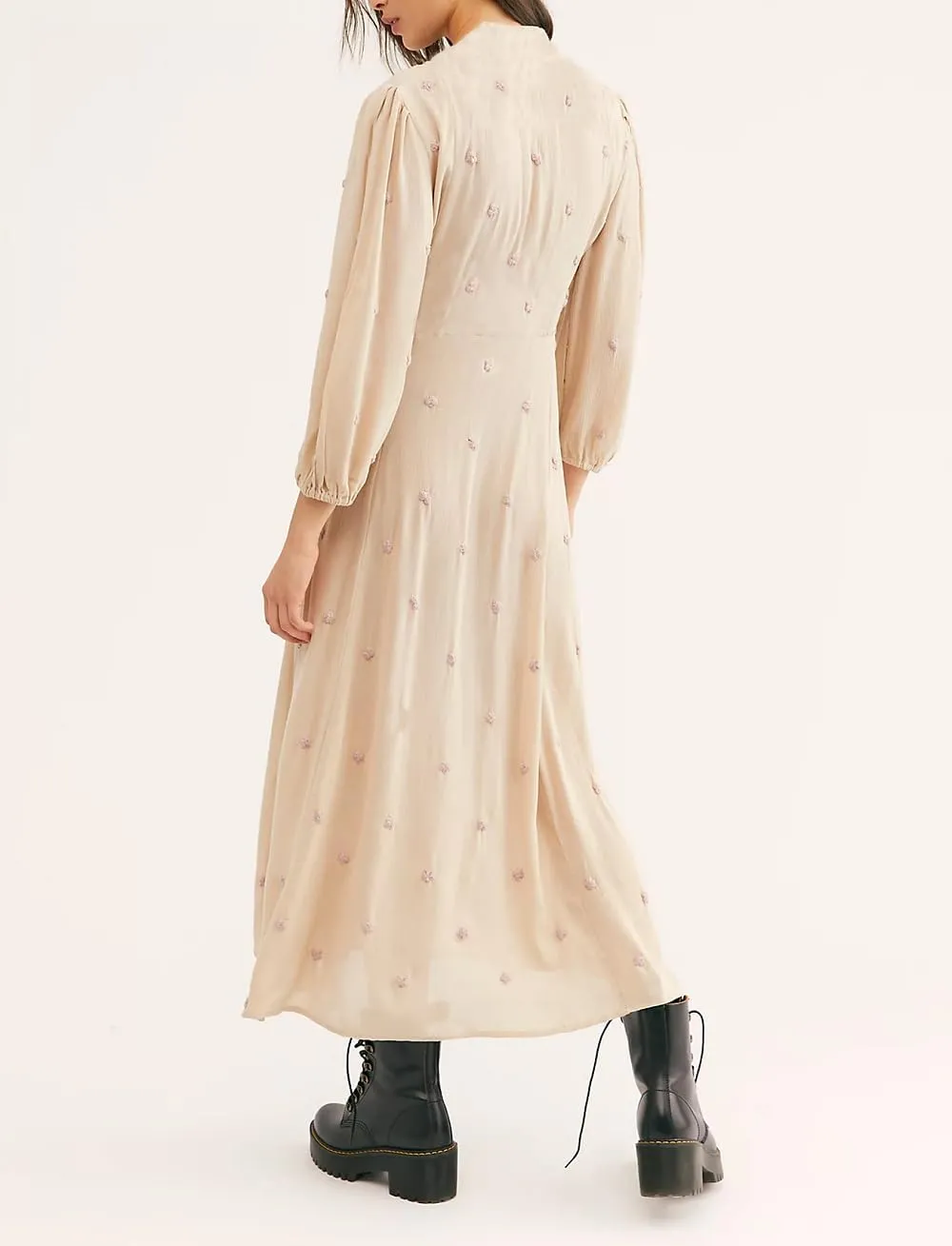 Women Boho Floral Maxi Dress Puff Sleeve V Neck Long Dress Bohemian Flowy Tiered Dress Loose Fit Shirt Dress