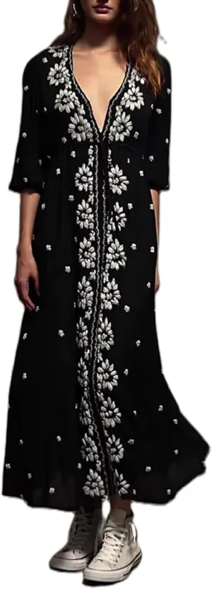 Women Boho Floral Maxi Dress Puff Sleeve V Neck Long Dress Bohemian Flowy Tiered Dress Loose Fit Shirt Dress