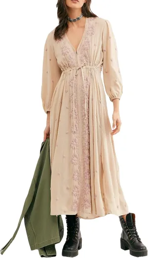Women Boho Floral Maxi Dress Puff Sleeve V Neck Long Dress Bohemian Flowy Tiered Dress Loose Fit Shirt Dress