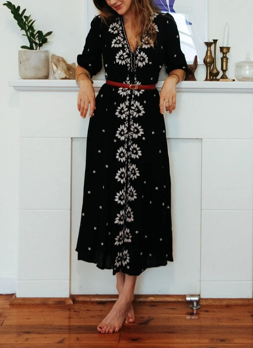 Women Boho Floral Maxi Dress Puff Sleeve V Neck Long Dress Bohemian Flowy Tiered Dress Loose Fit Shirt Dress