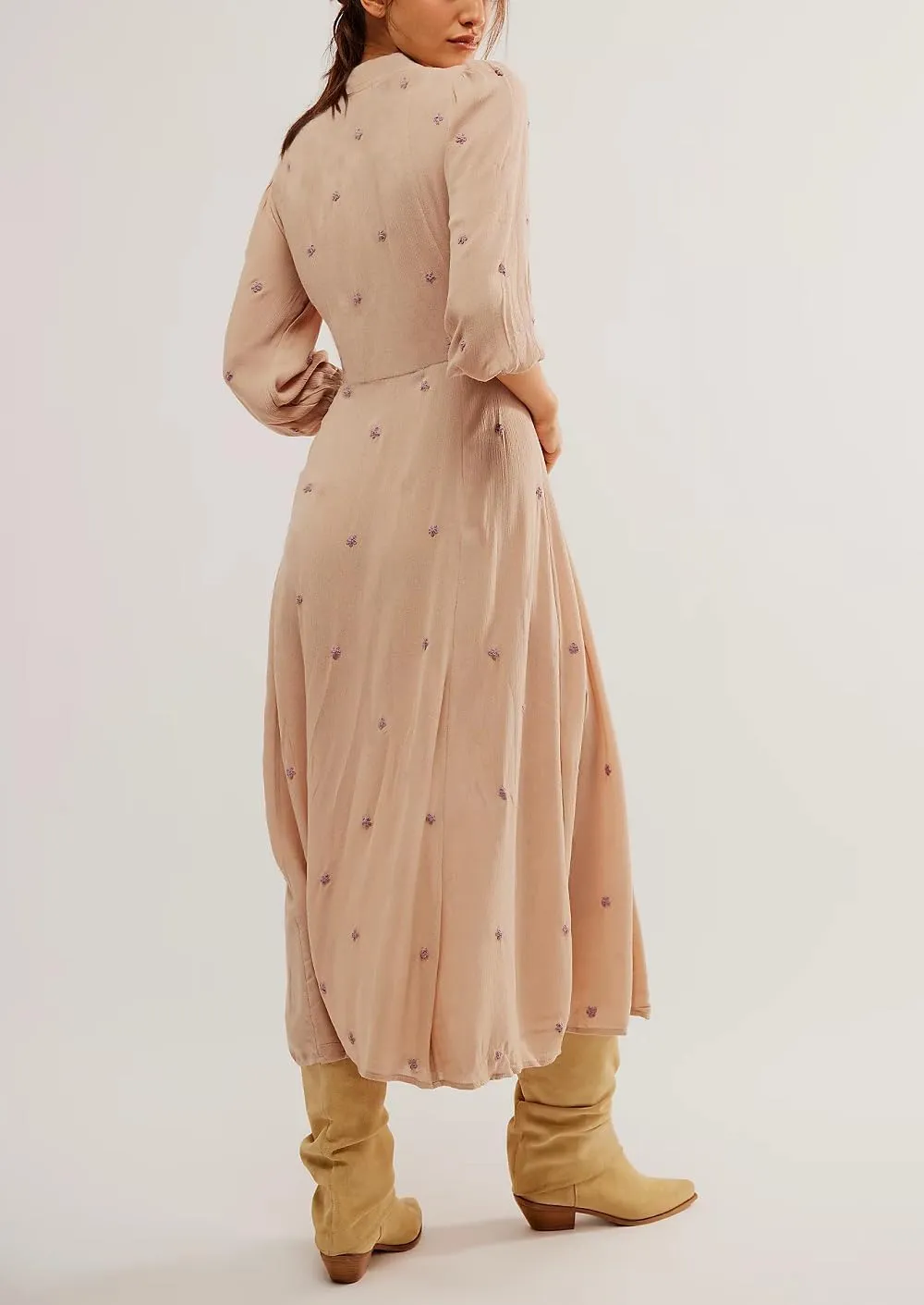 Women Boho Floral Maxi Dress Puff Sleeve V Neck Long Dress Bohemian Flowy Tiered Dress Loose Fit Shirt Dress