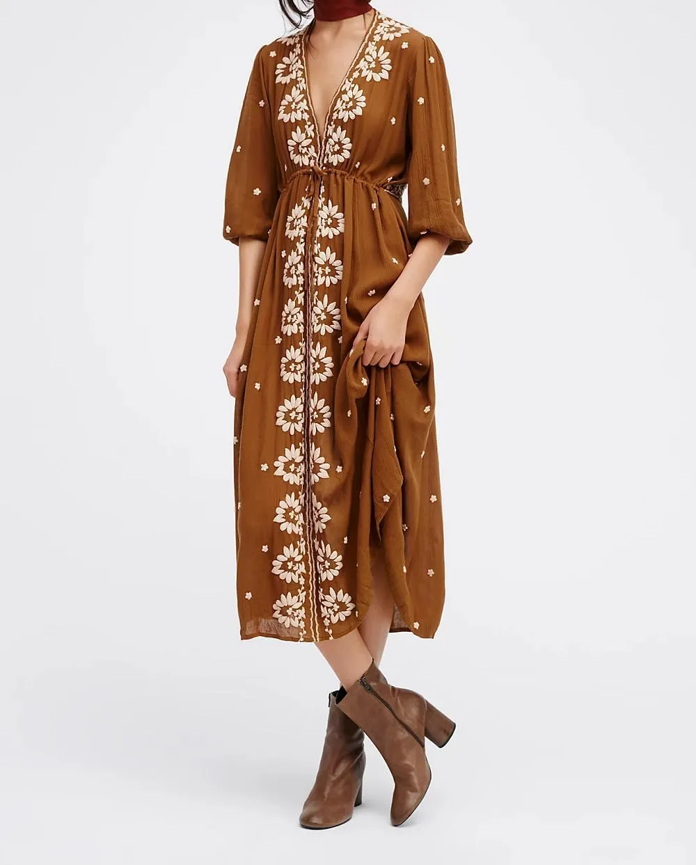 Women Boho Floral Maxi Dress Puff Sleeve V Neck Long Dress Bohemian Flowy Tiered Dress Loose Fit Shirt Dress