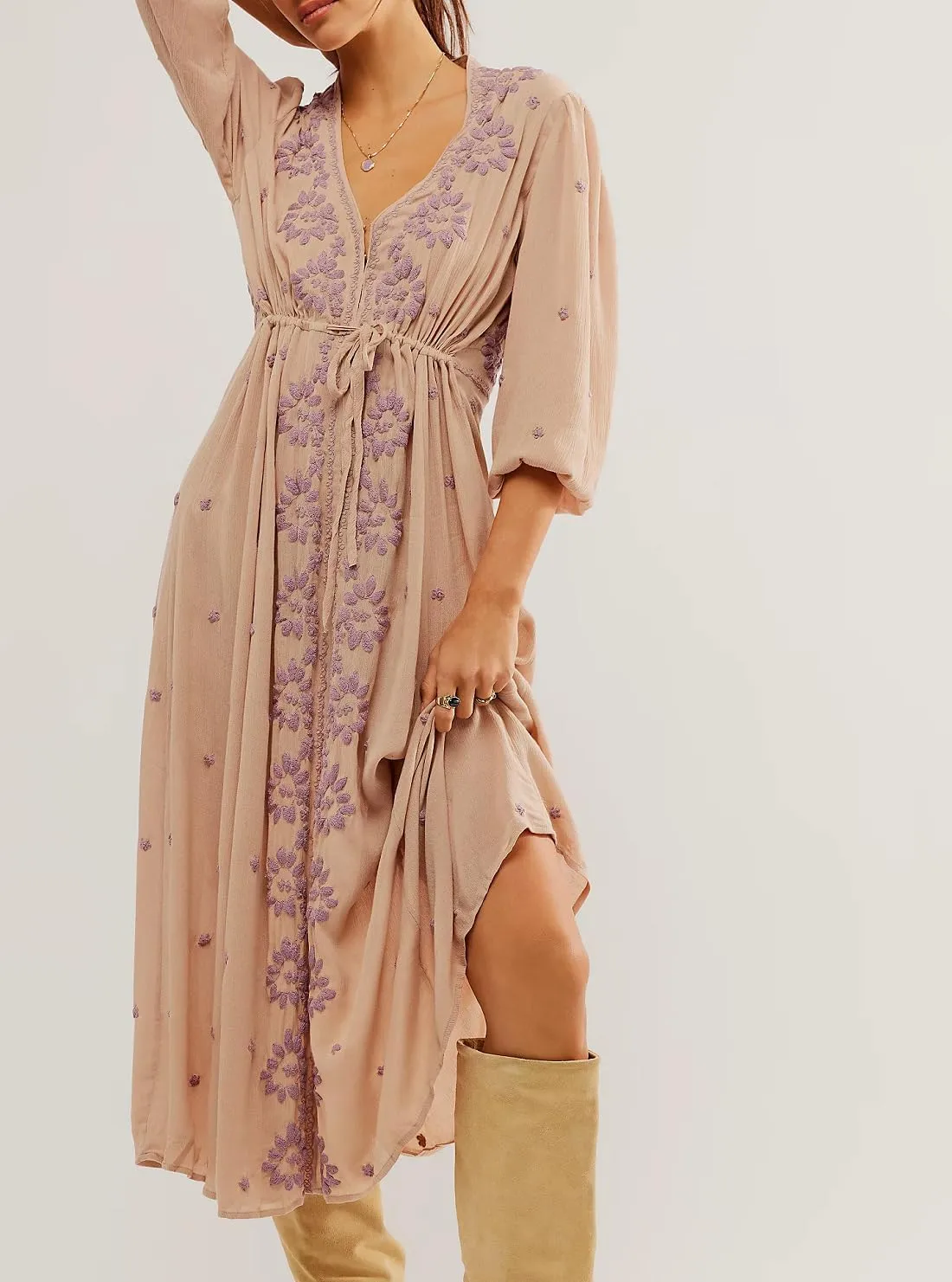 Women Boho Floral Maxi Dress Puff Sleeve V Neck Long Dress Bohemian Flowy Tiered Dress Loose Fit Shirt Dress