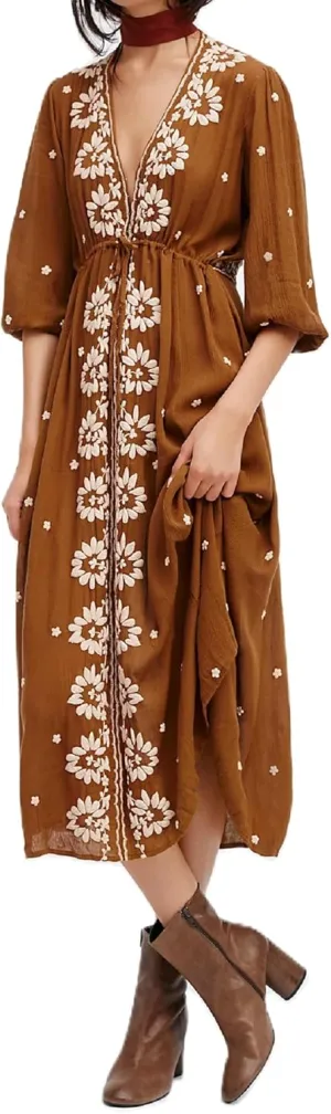Women Boho Floral Maxi Dress Puff Sleeve V Neck Long Dress Bohemian Flowy Tiered Dress Loose Fit Shirt Dress