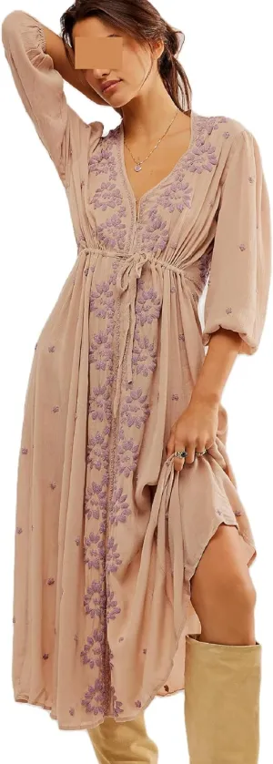Women Boho Floral Maxi Dress Puff Sleeve V Neck Long Dress Bohemian Flowy Tiered Dress Loose Fit Shirt Dress