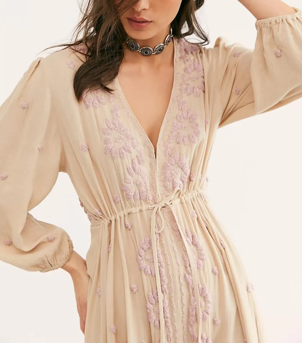 Women Boho Floral Maxi Dress Puff Sleeve V Neck Long Dress Bohemian Flowy Tiered Dress Loose Fit Shirt Dress
