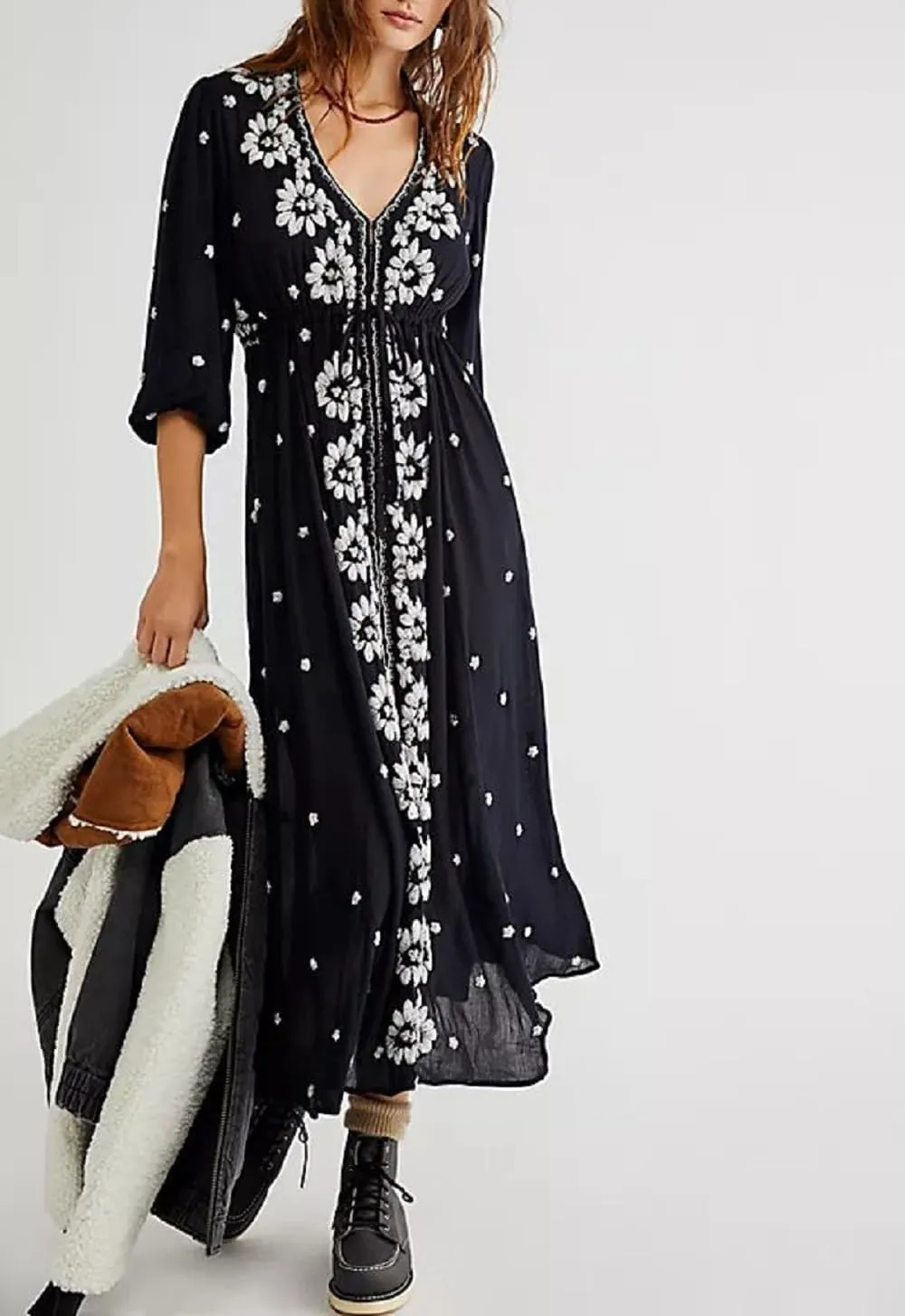 Women Boho Floral Maxi Dress Puff Sleeve V Neck Long Dress Bohemian Flowy Tiered Dress Loose Fit Shirt Dress