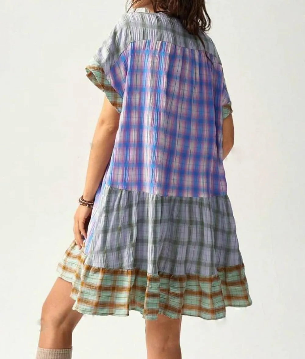 Women Boho Floral Mini Dress V Neck Short Sleeve Flowy Sundress Graphic Babydoll Dress Summer Beach Dress