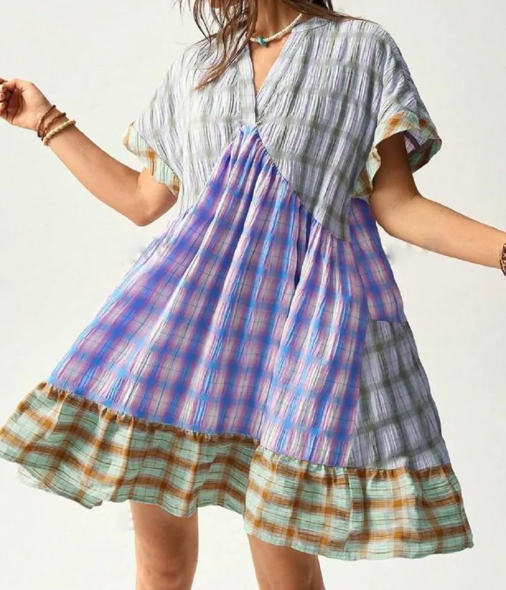 Women Boho Floral Mini Dress V Neck Short Sleeve Flowy Sundress Graphic Babydoll Dress Summer Beach Dress