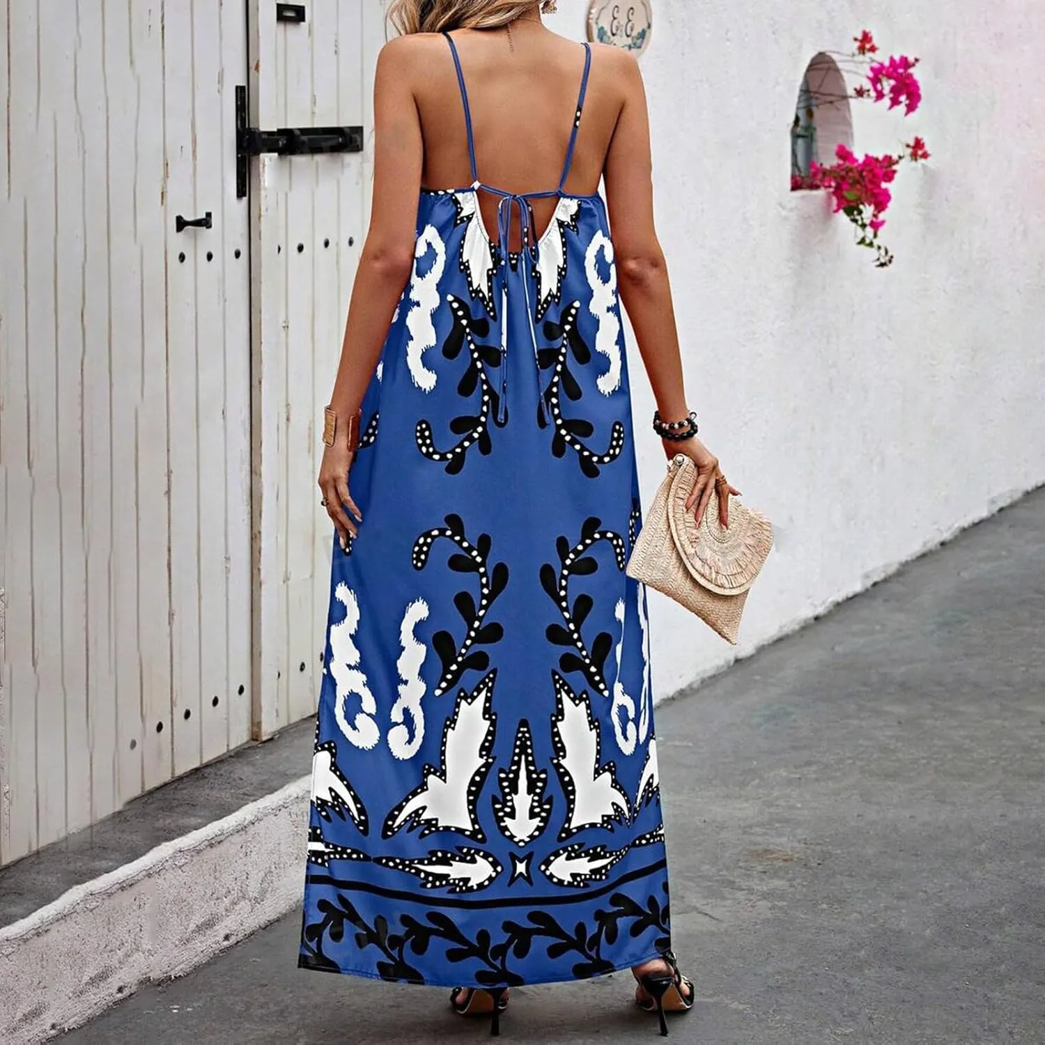 Women Boho Maxi Cami Dress Graphic Spaghetti Strap Long Dress Floral Backless Flowy Sundress Summer Beach Dress