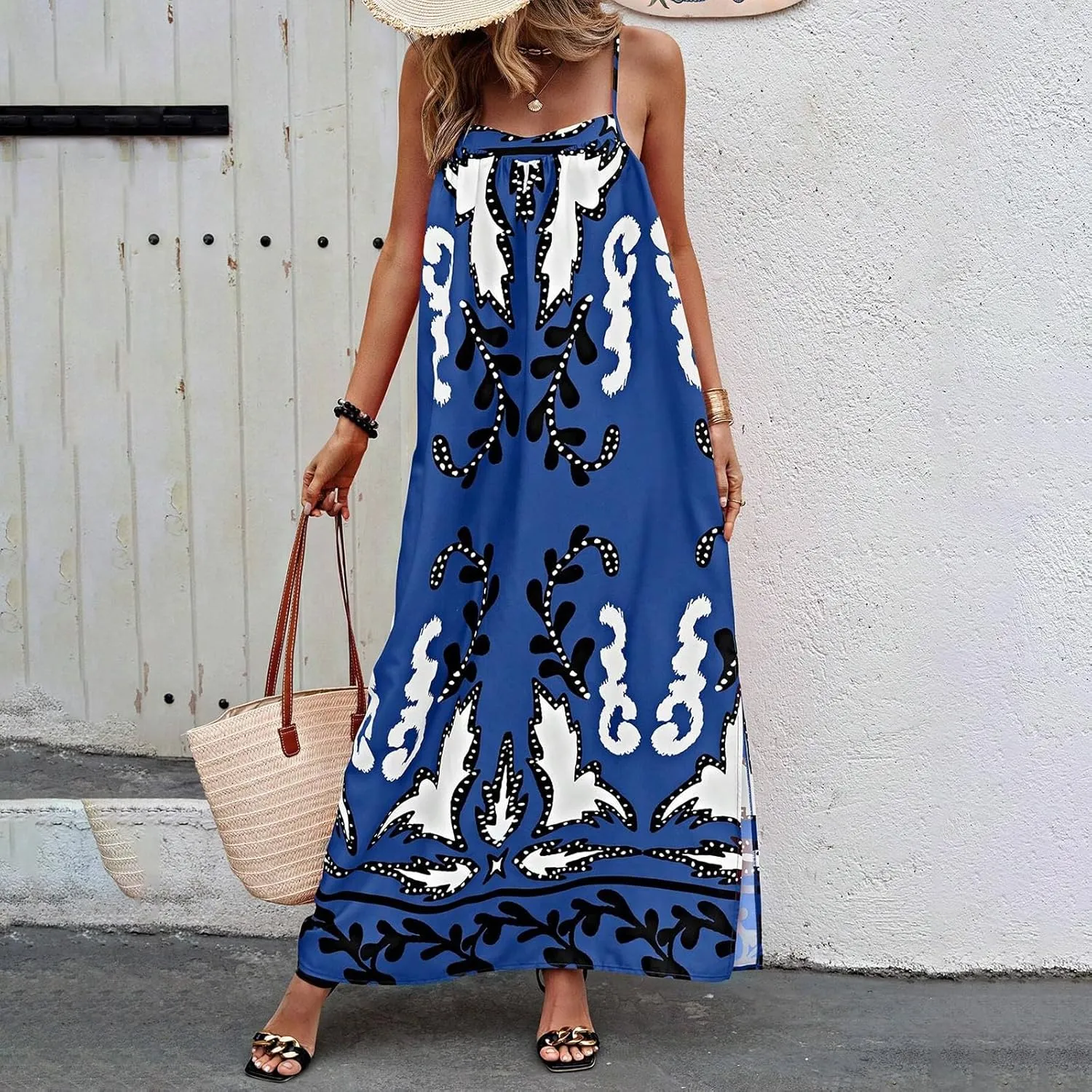 Women Boho Maxi Cami Dress Graphic Spaghetti Strap Long Dress Floral Backless Flowy Sundress Summer Beach Dress