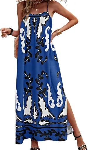 Women Boho Maxi Cami Dress Graphic Spaghetti Strap Long Dress Floral Backless Flowy Sundress Summer Beach Dress