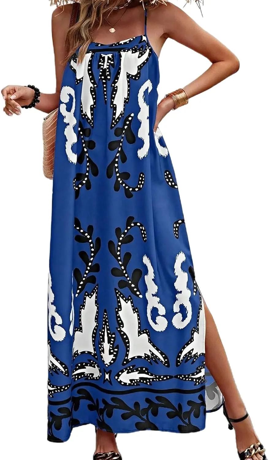Women Boho Maxi Cami Dress Graphic Spaghetti Strap Long Dress Floral Backless Flowy Sundress Summer Beach Dress