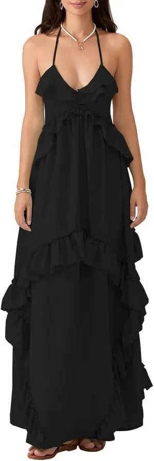 Women Boho Maxi Halter Dress V Neck Ruffle Flowy Long Dress Floral Backless Tiered Sundress Summer Beachwear