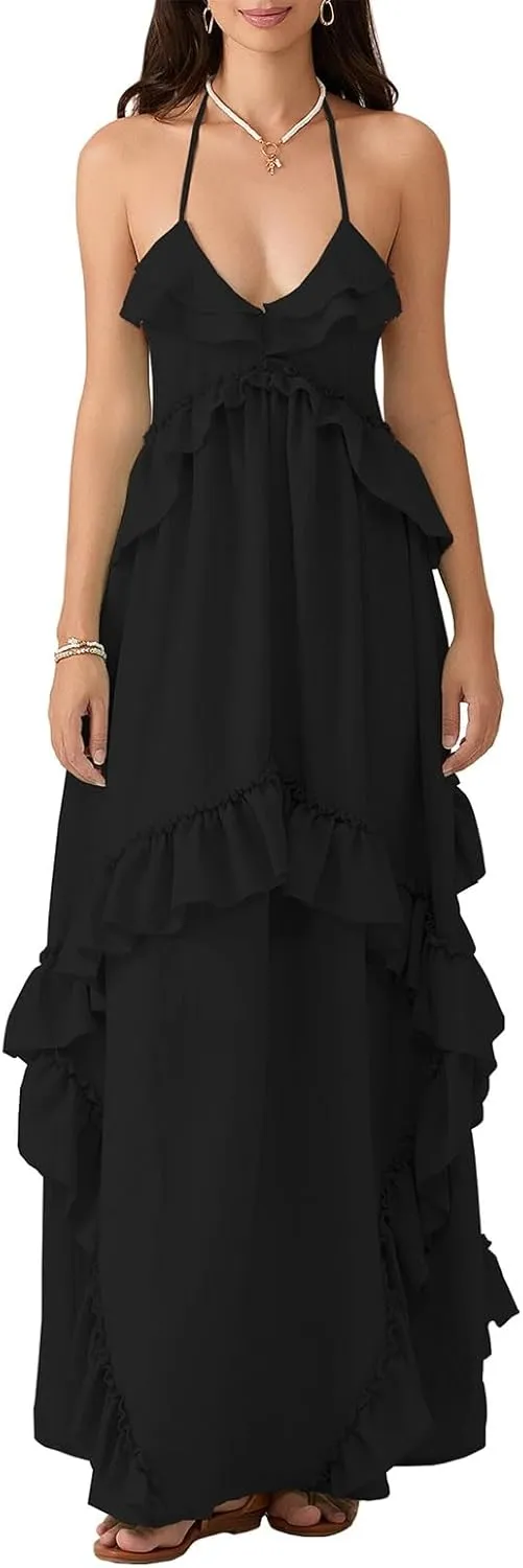 Women Boho Maxi Halter Dress V Neck Ruffle Flowy Long Dress Floral Backless Tiered Sundress Summer Beachwear