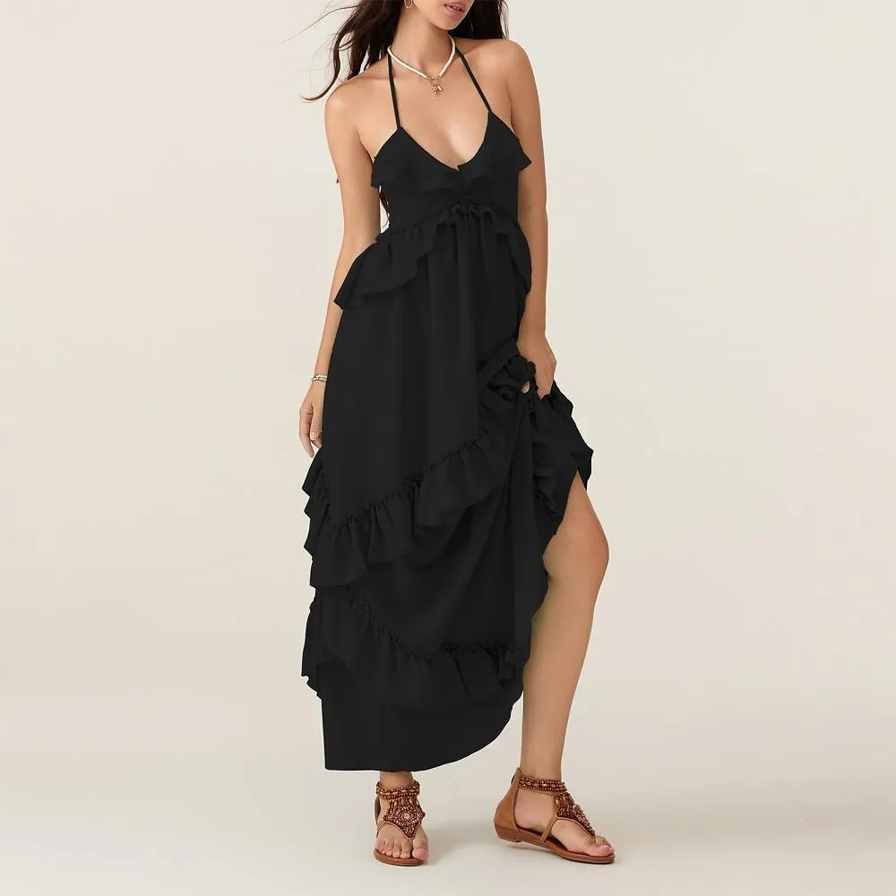 Women Boho Maxi Halter Dress V Neck Ruffle Flowy Long Dress Floral Backless Tiered Sundress Summer Beachwear