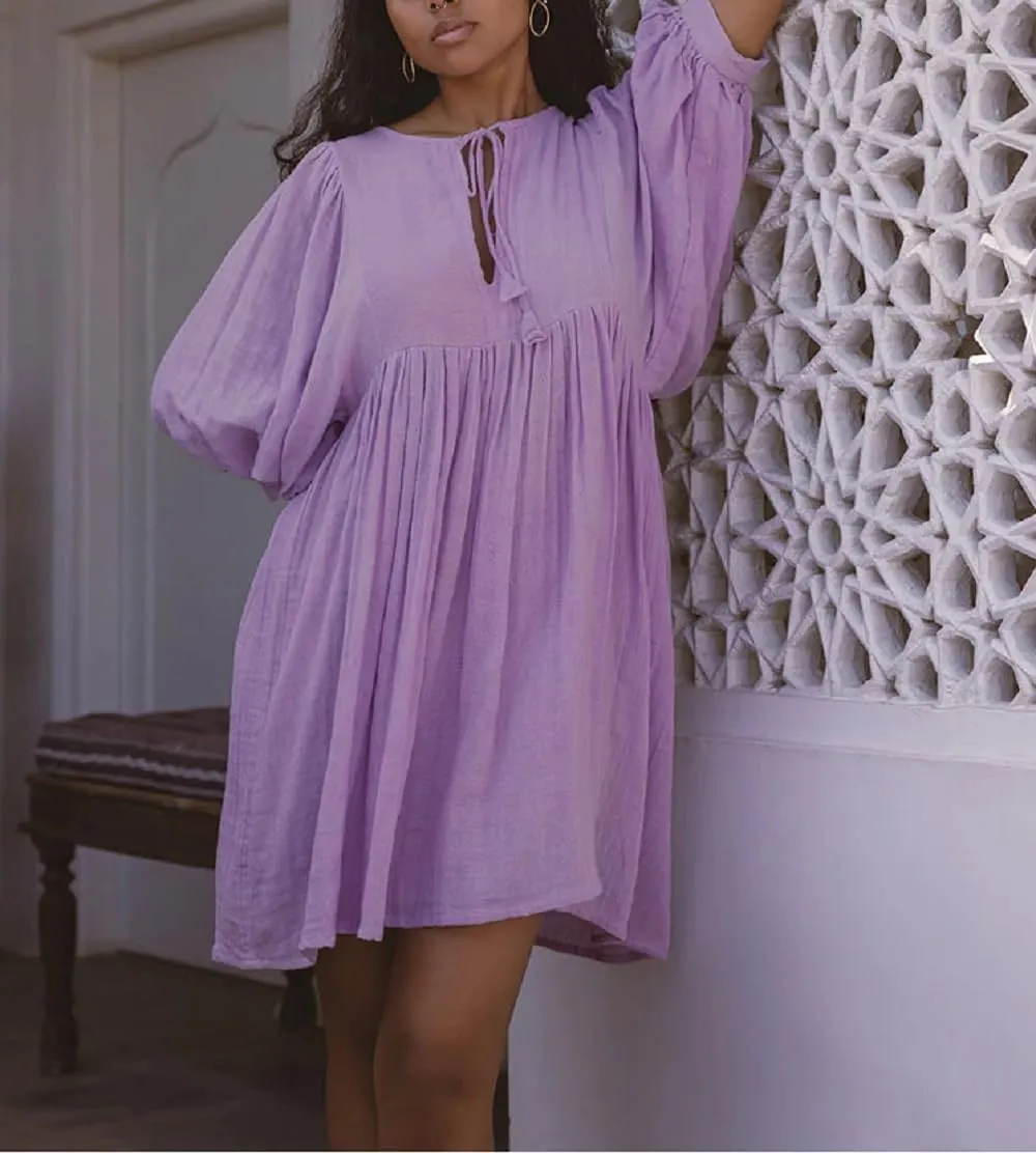Women Boho Puff Sleeve Short Dress Floral Flowy Babydoll Dress V Neck Loose Fit A Line Dress Bohemian Mini Sundress