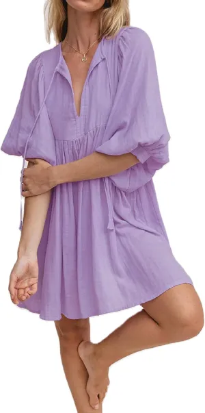 Women Boho Puff Sleeve Short Dress Floral Flowy Babydoll Dress V Neck Loose Fit A Line Dress Bohemian Mini Sundress